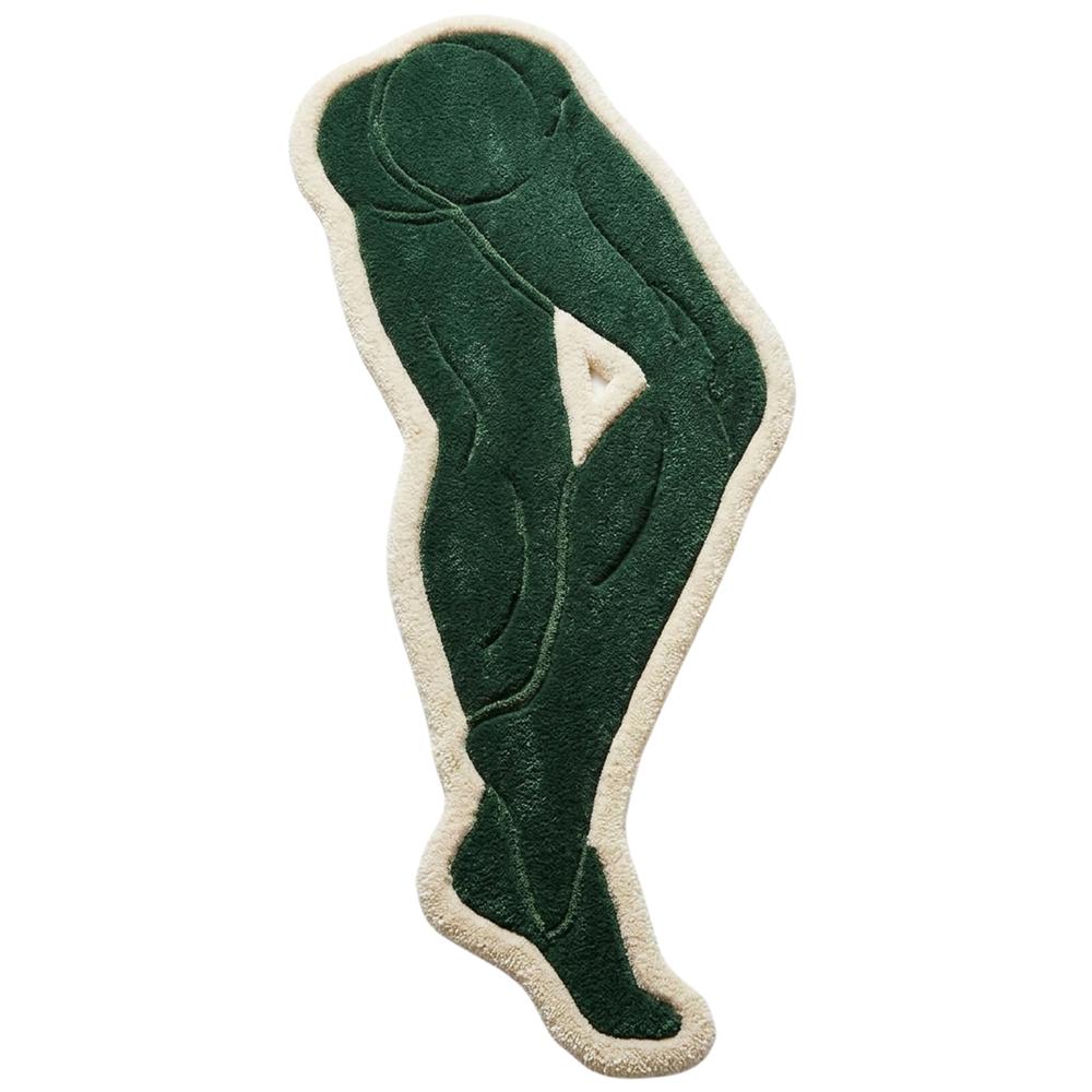 Green Abstract Hand Tufted Rug with Cream Border and Modern Artistic Design