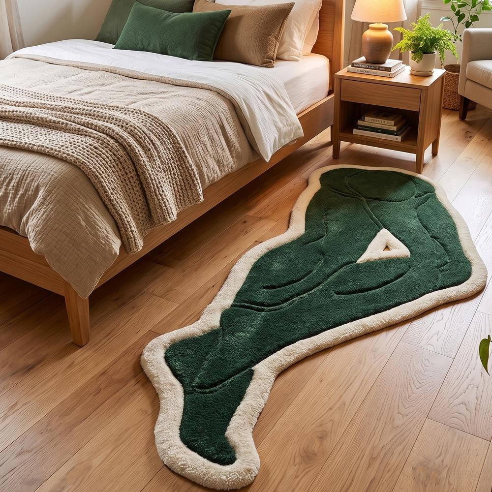 Green Abstract Hand Tufted Rug with Cream Border and Modern Artistic Design