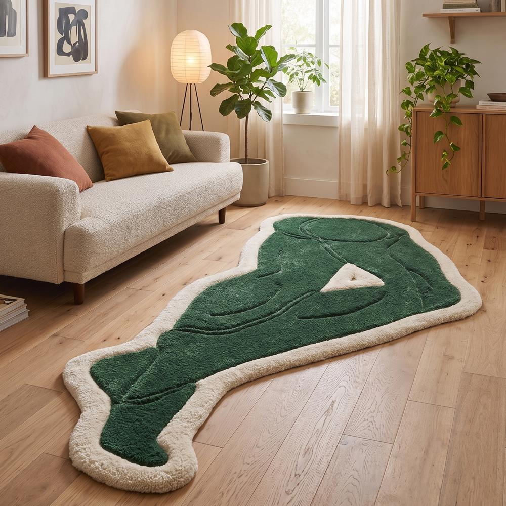 Green Abstract Hand Tufted Rug with Cream Border and Modern Artistic Design