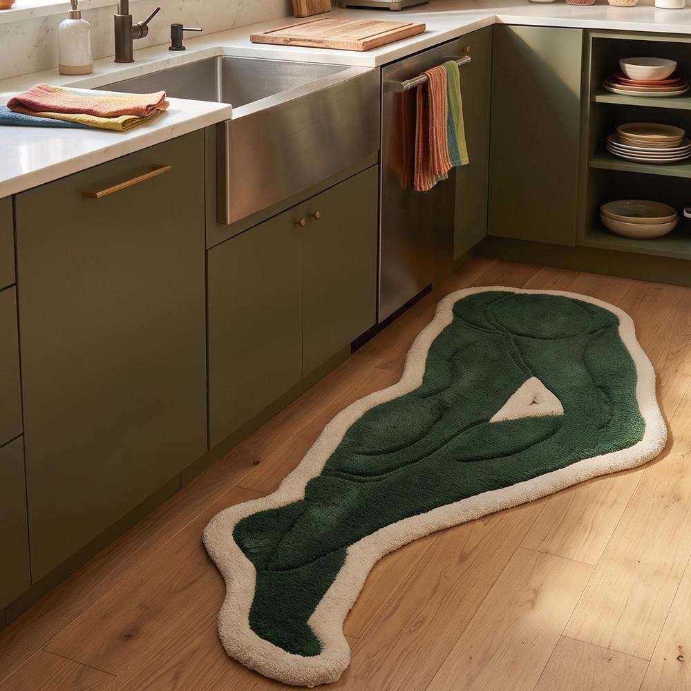 Green Abstract Hand Tufted Rug with Cream Border and Modern Artistic Design