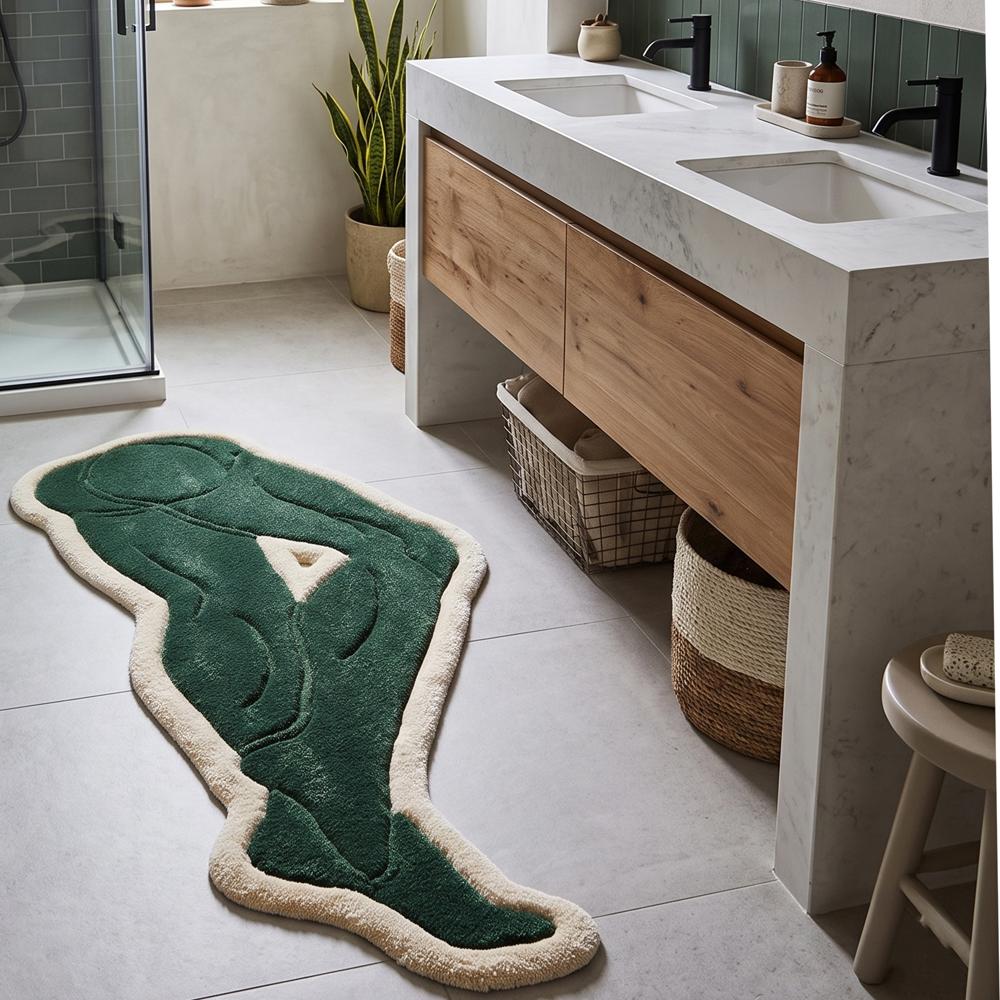 Green Abstract Hand Tufted Rug with Cream Border and Modern Artistic Design