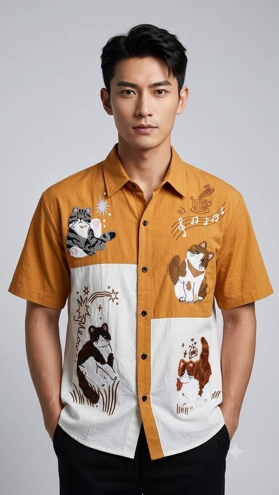Beige And Brown Color Blocked Short Sleeve Shirt