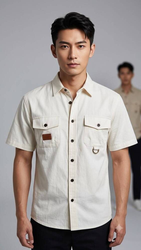 Cream Or Beige Short Sleeve Casual Shirt