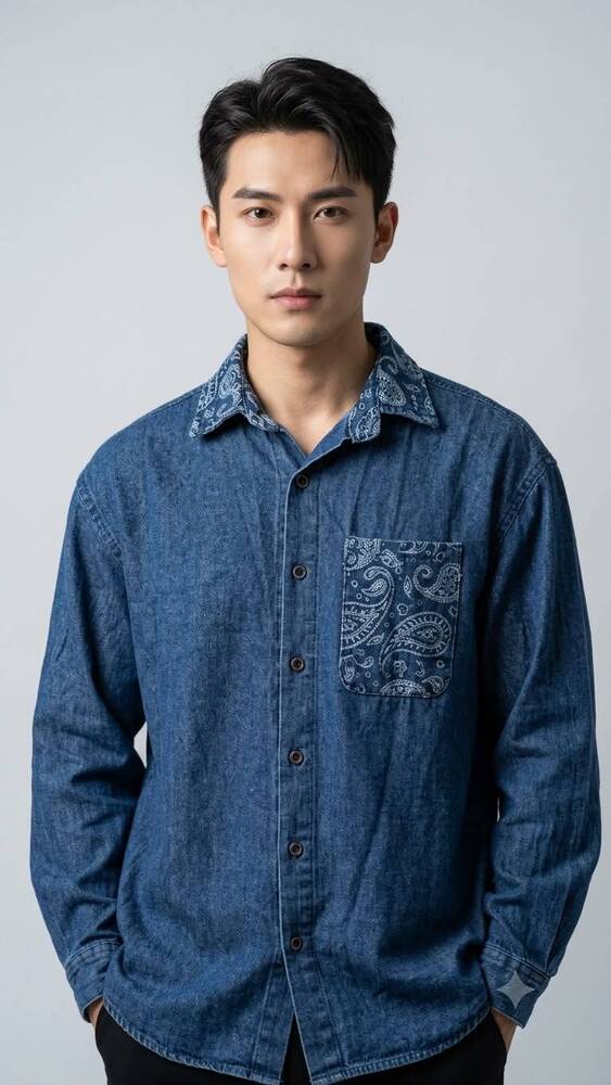 Mens Denim Style Long Sleeve Button Down Shirt