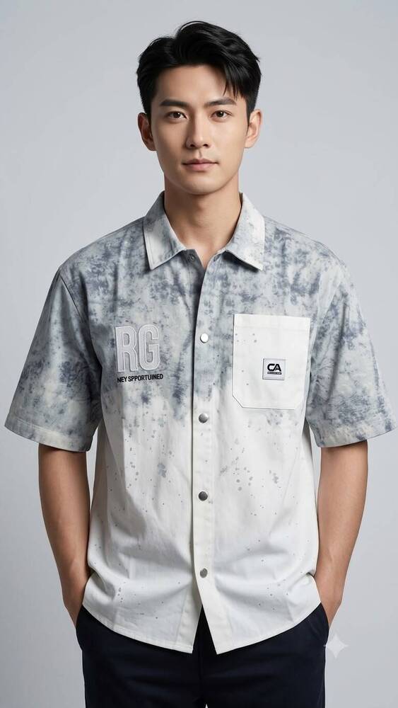 Grey And Blue Tie Dye Style Short Sleeve Shirt