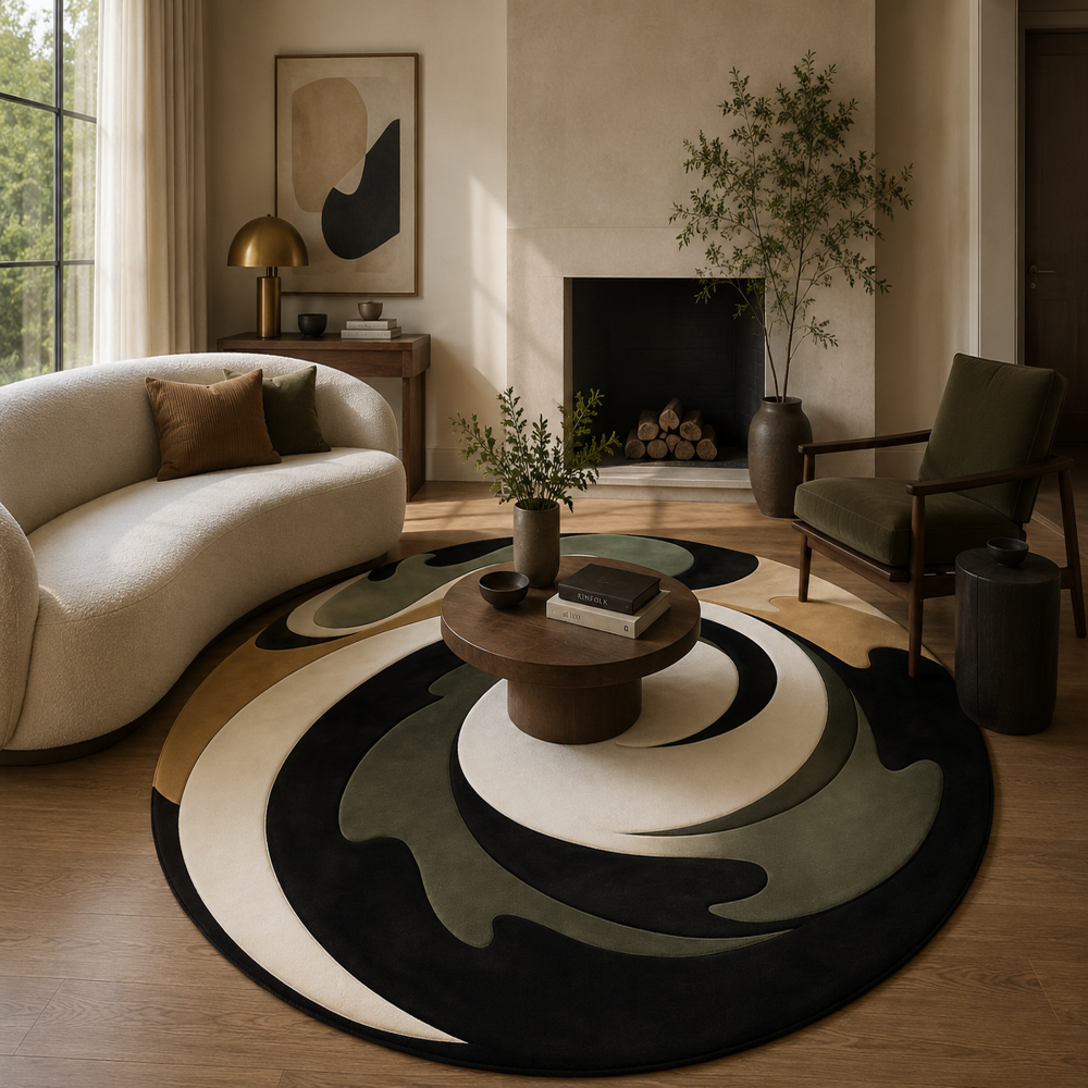 Hand-Tufted Round Wool Rug in Green, Cream, and Gold