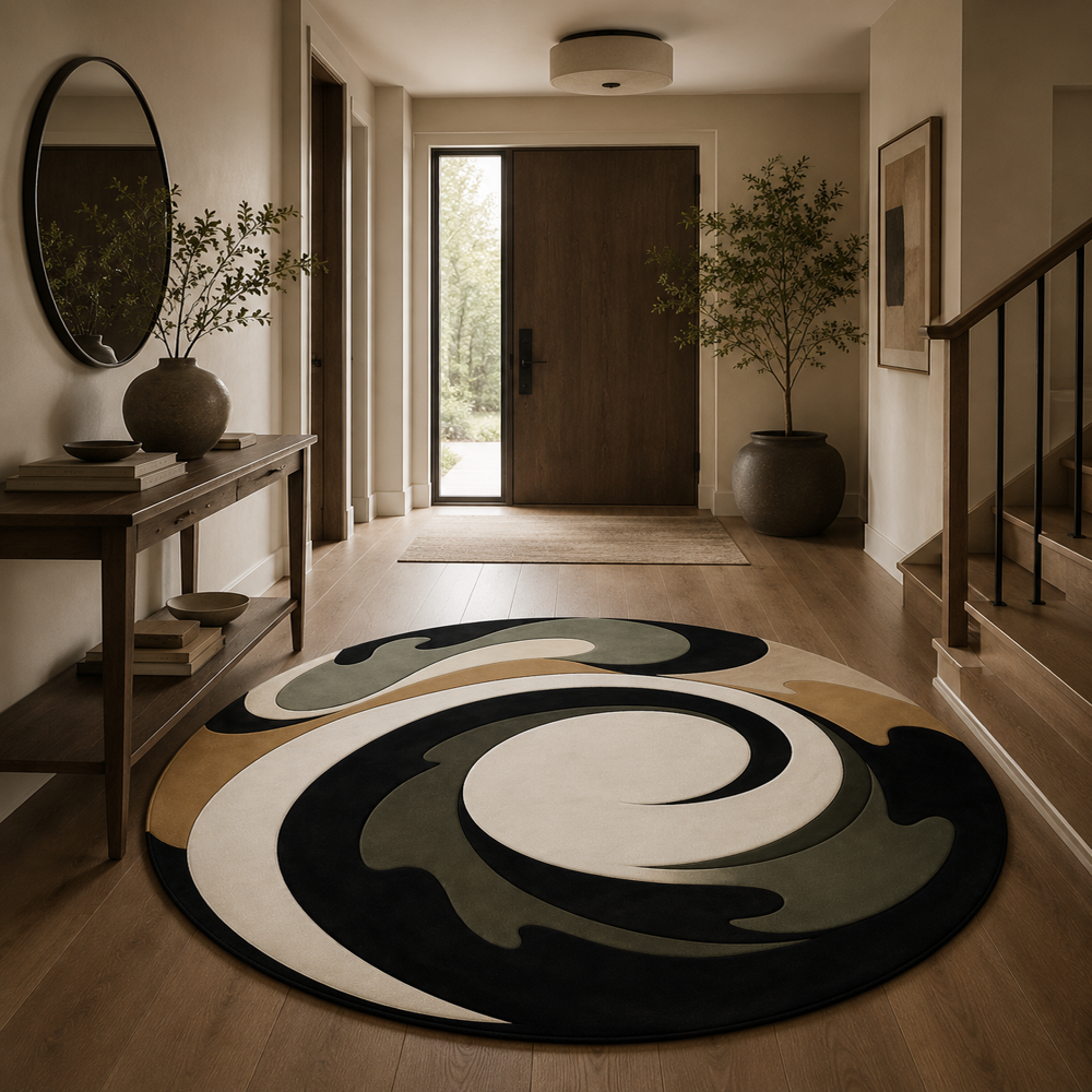 Hand-Tufted Round Wool Rug in Green, Cream, and Gold