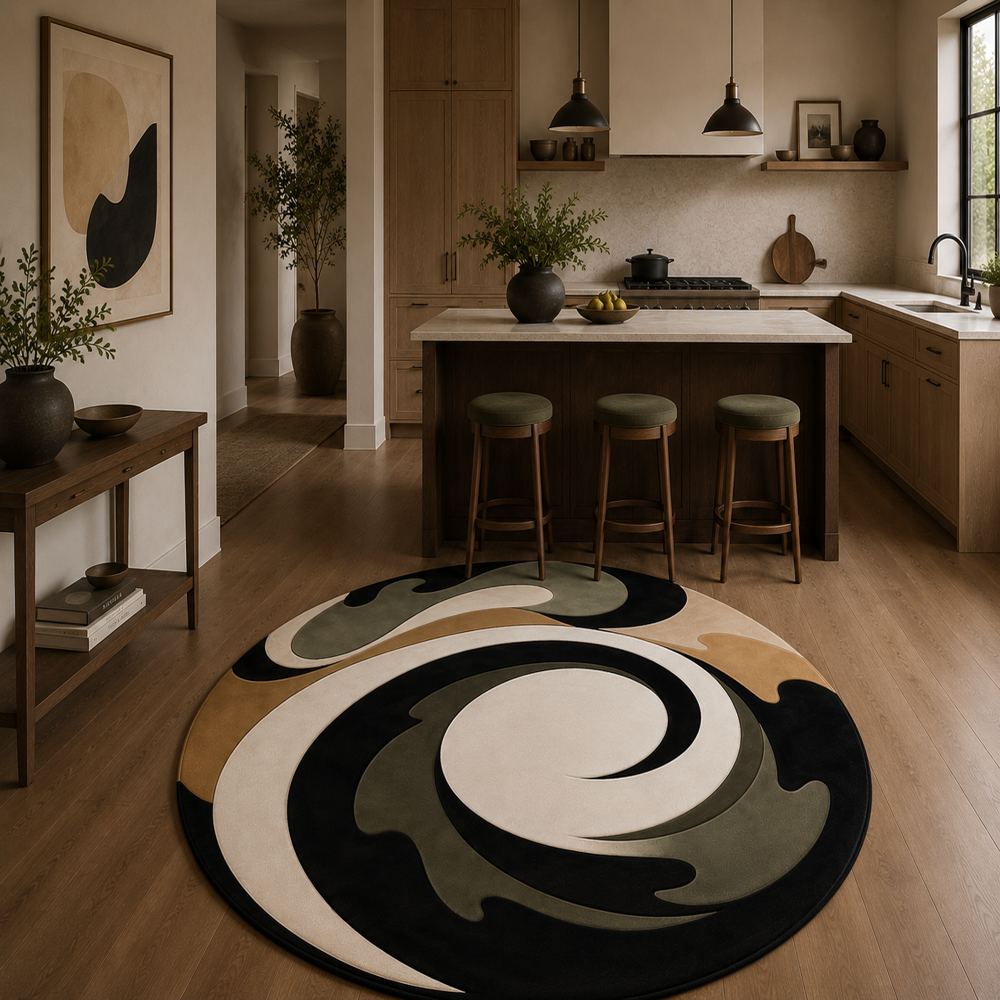 Hand-Tufted Round Wool Rug in Green, Cream, and Gold