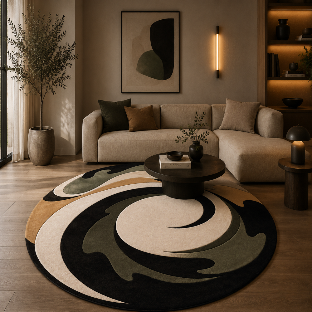 Hand-Tufted Round Wool Rug in Green, Cream, and Gold