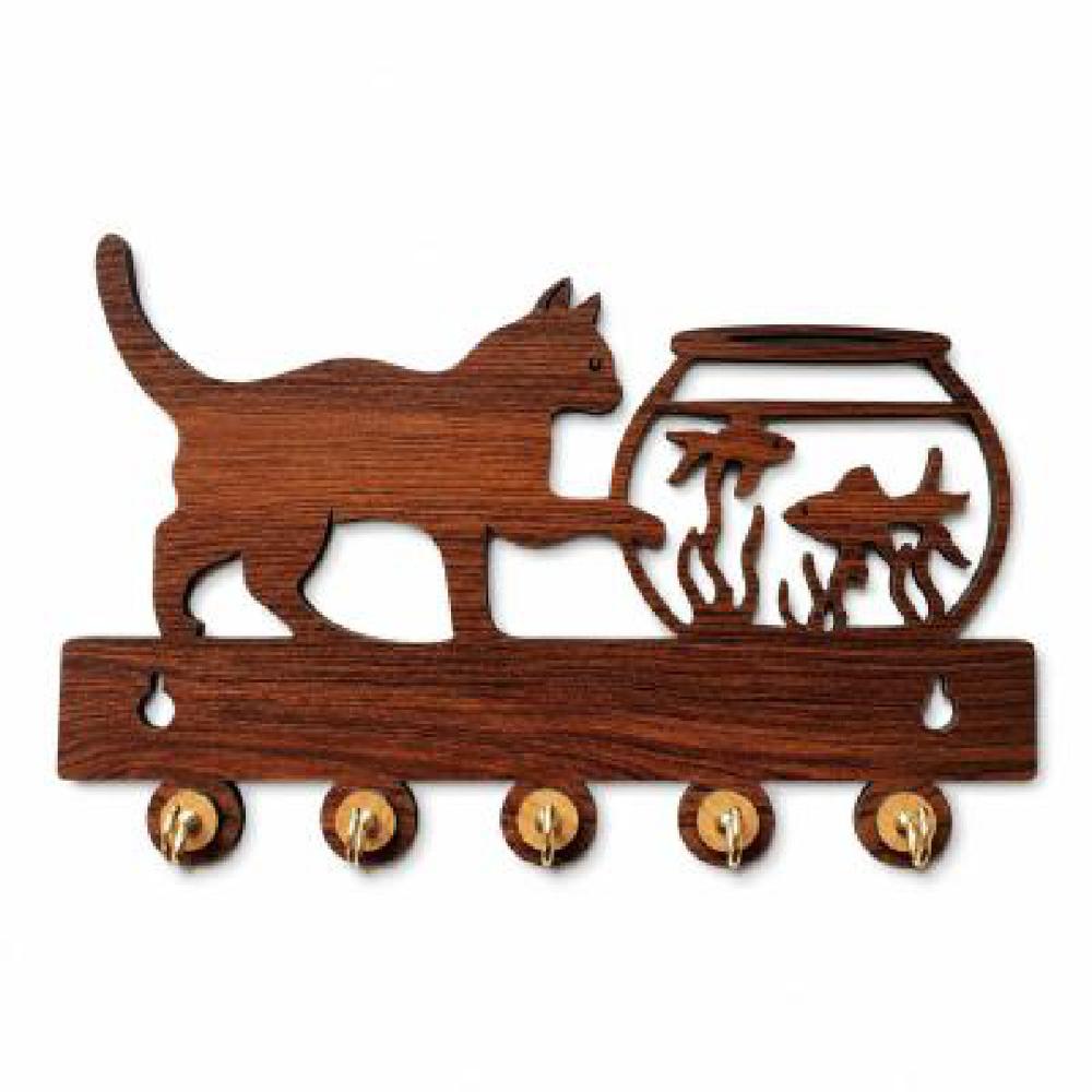 Wooden Key Holder, Playing Cat With Fish Design