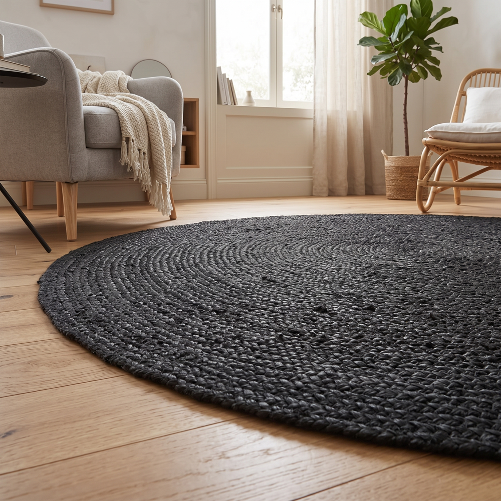 Black Round Braided Jute Rug for Living Room and Bedroom