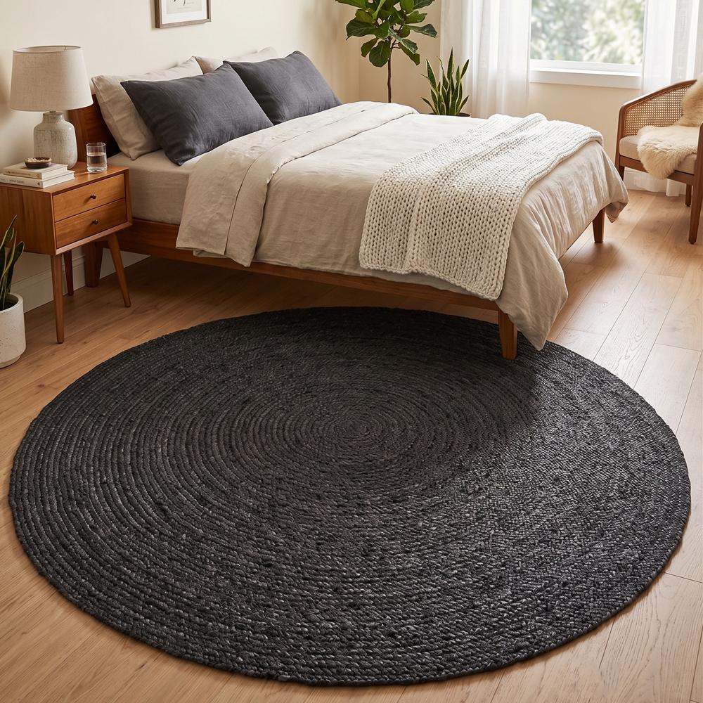 Black Round Braided Jute Rug for Living Room and Bedroom