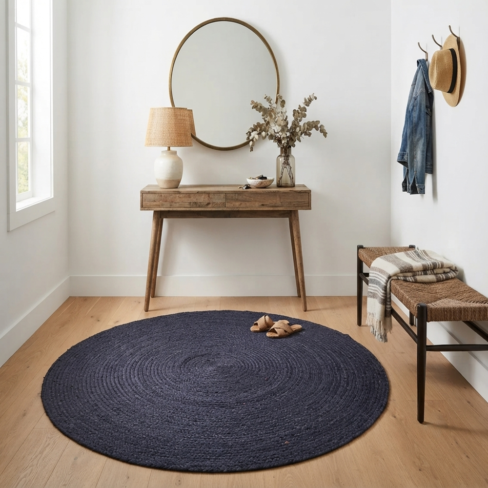 Black Round Braided Rug for Living Room and Bedroom Decor