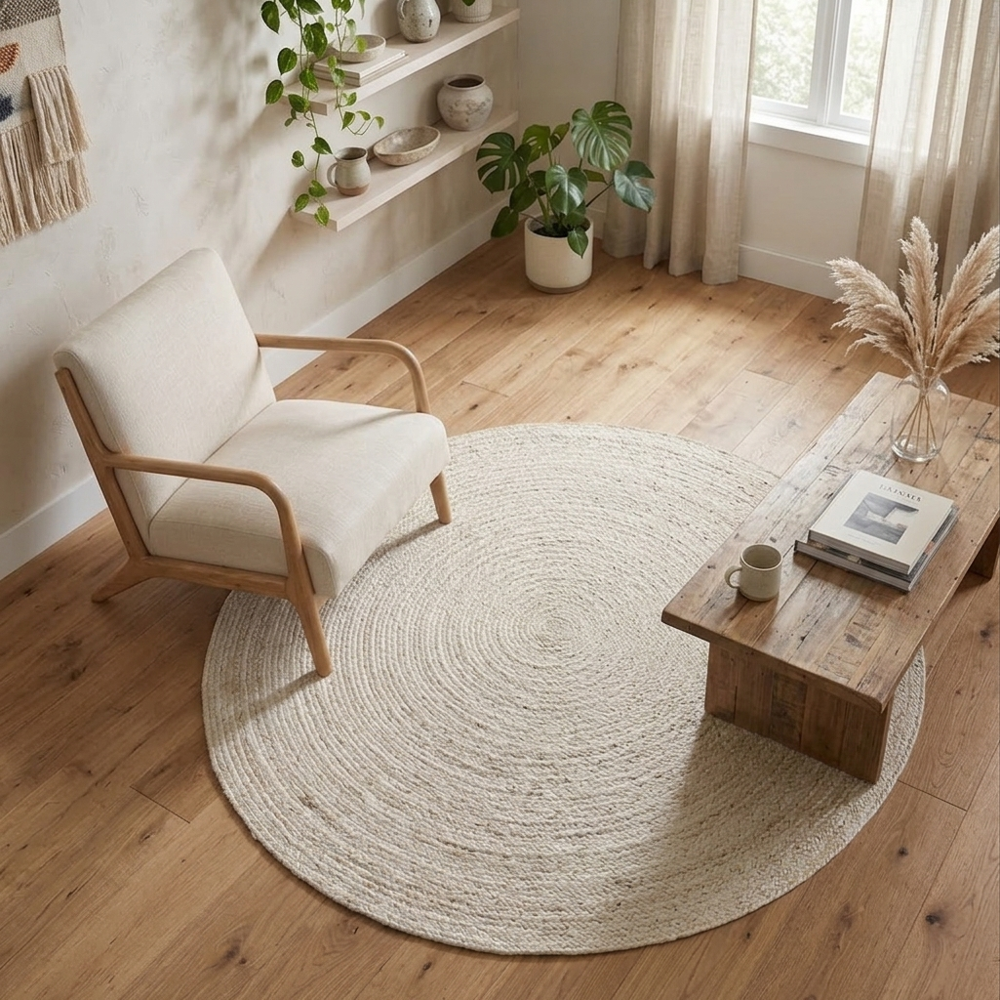 Natural Off-White Round Braided Jute Rug