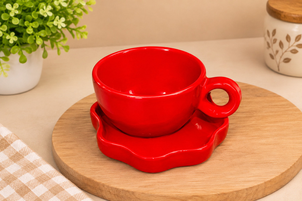 Red Ceramic Coffee Cup with Saucer
