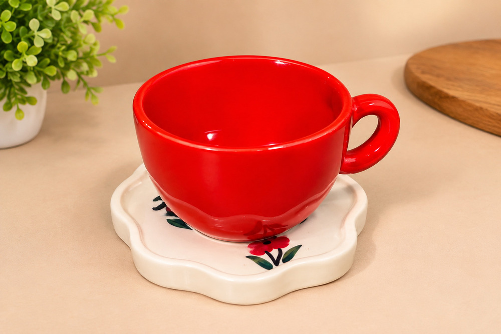 Red Ceramic Tea Coffee Cup with Floral Saucer