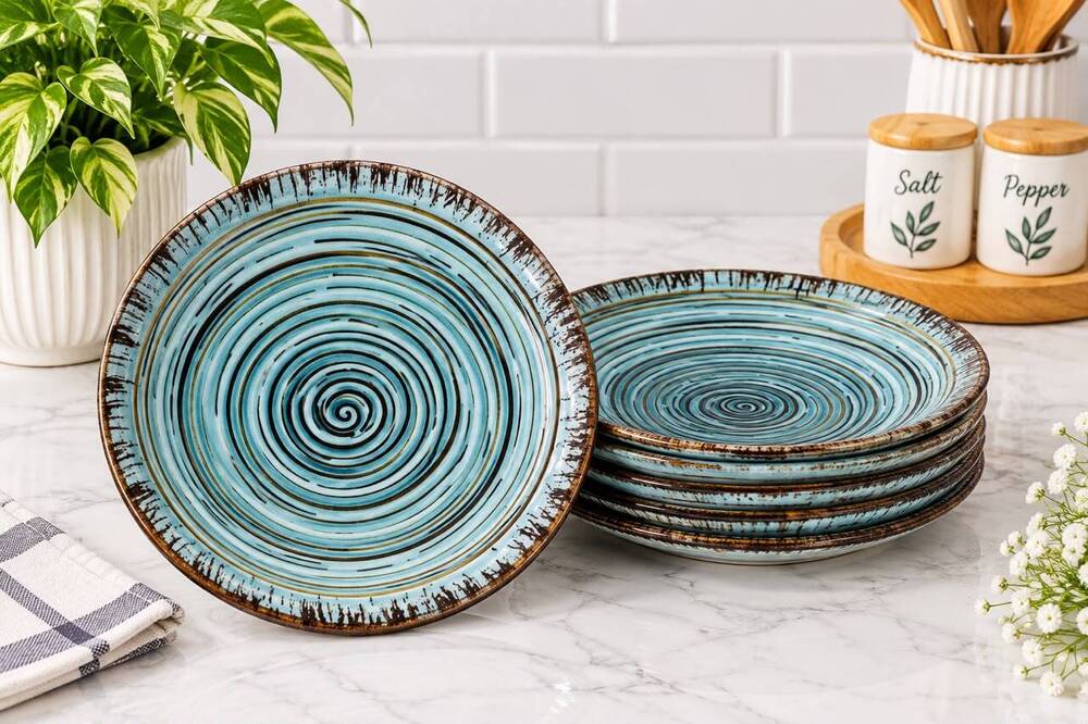 Blue Spiral Ceramic Dinner Plate Set