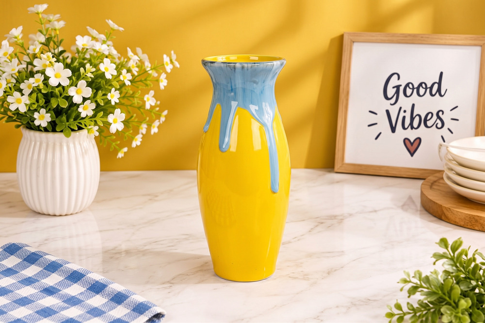 Yellow And Blue Ceramic Flower Vase