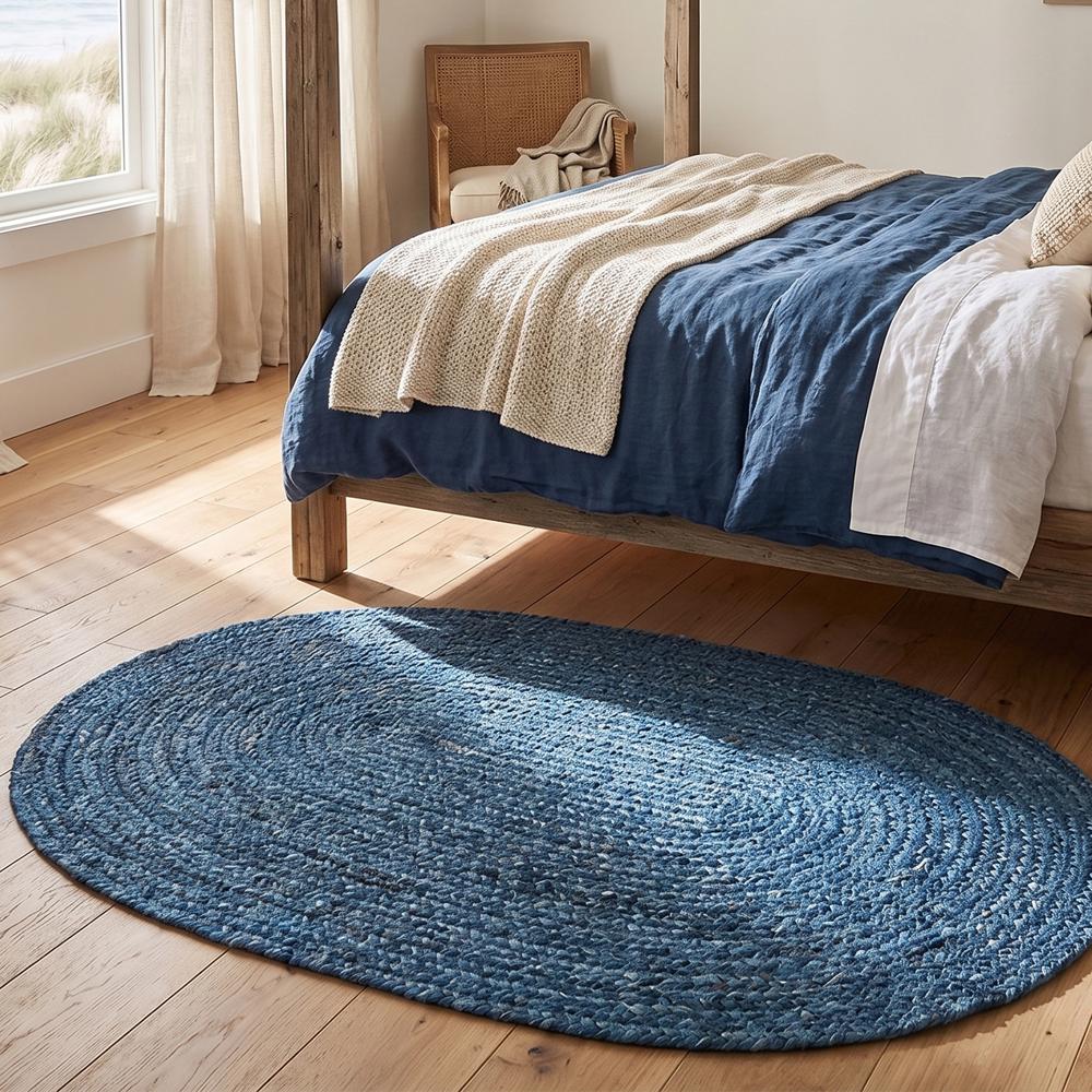 Ocean Blue Oval Braided Jute Rug