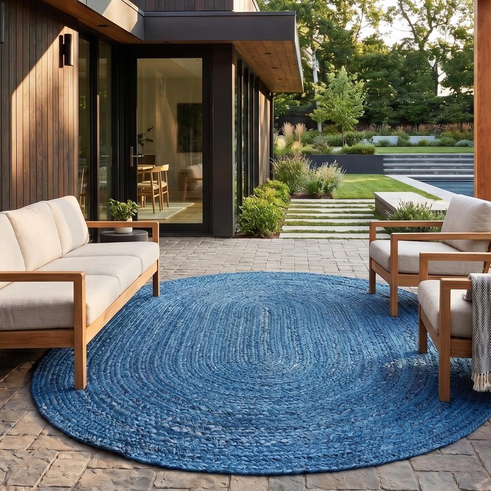 Ocean Blue Oval Braided Jute Rug