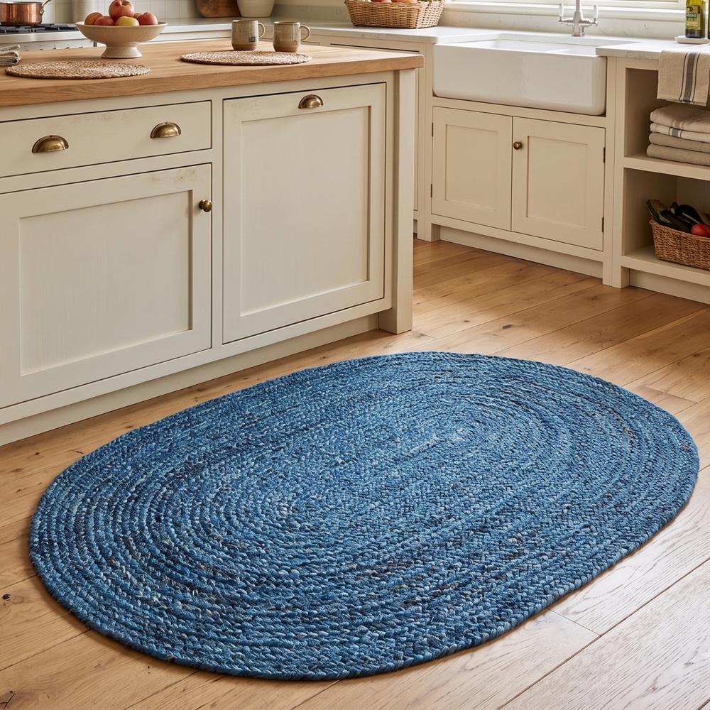 Ocean Blue Oval Braided Jute Rug