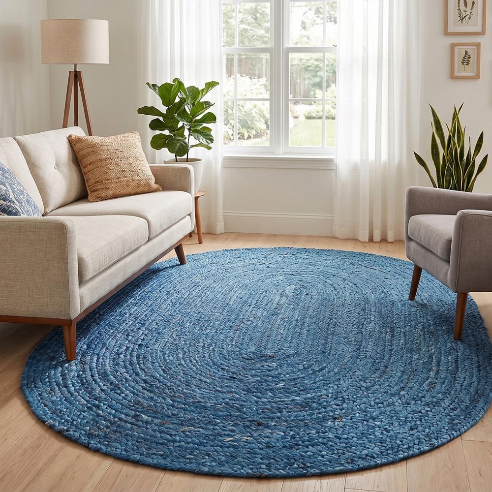 Ocean Blue Oval Braided Jute Rug