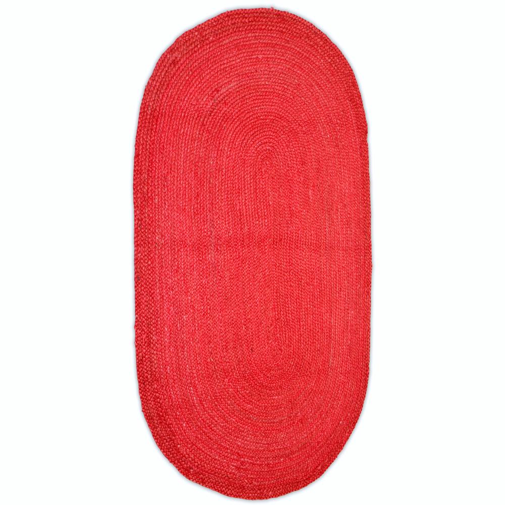 Vibrant Red Oval Braided Jute Rug
