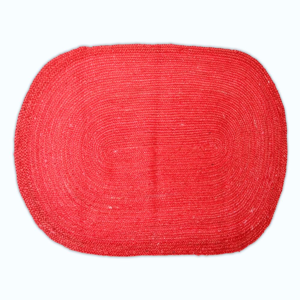 Vibrant Red Oval Braided Jute Rug