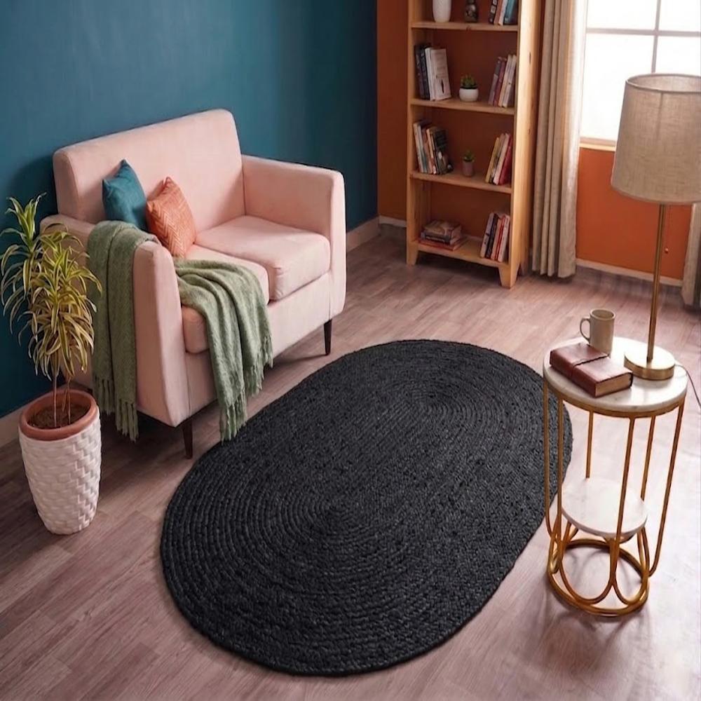 Solid Black Oval Braided Jute Rug