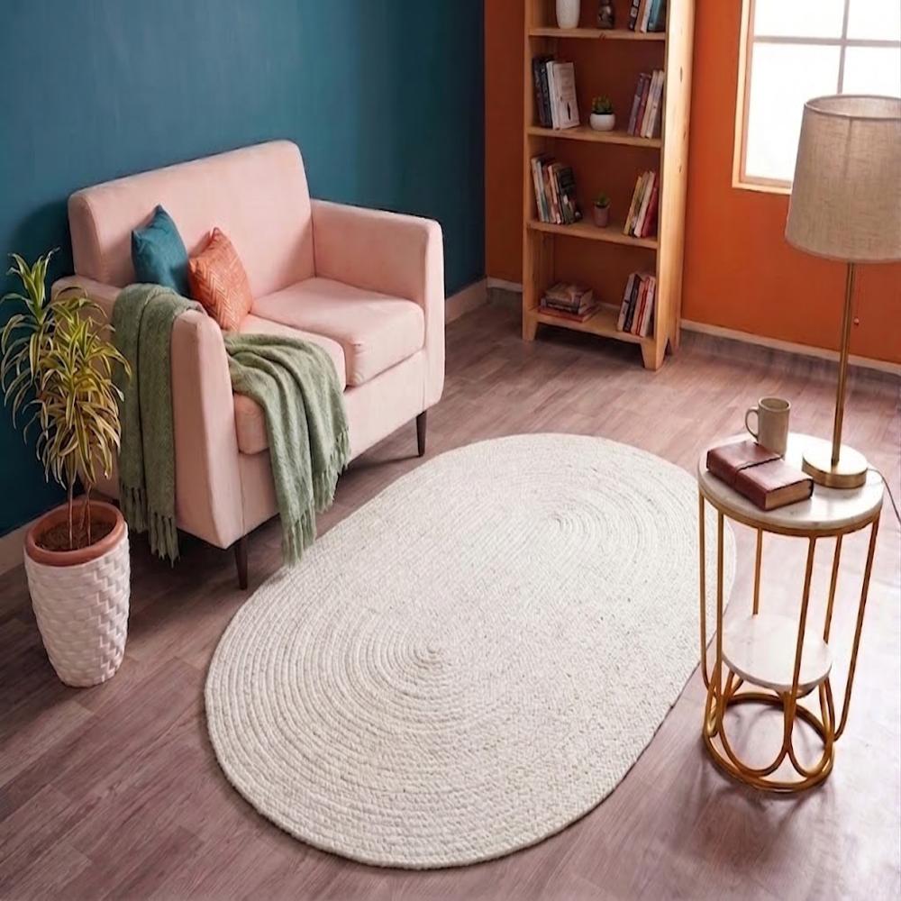 Off-White Oval Braided Jute Rug
