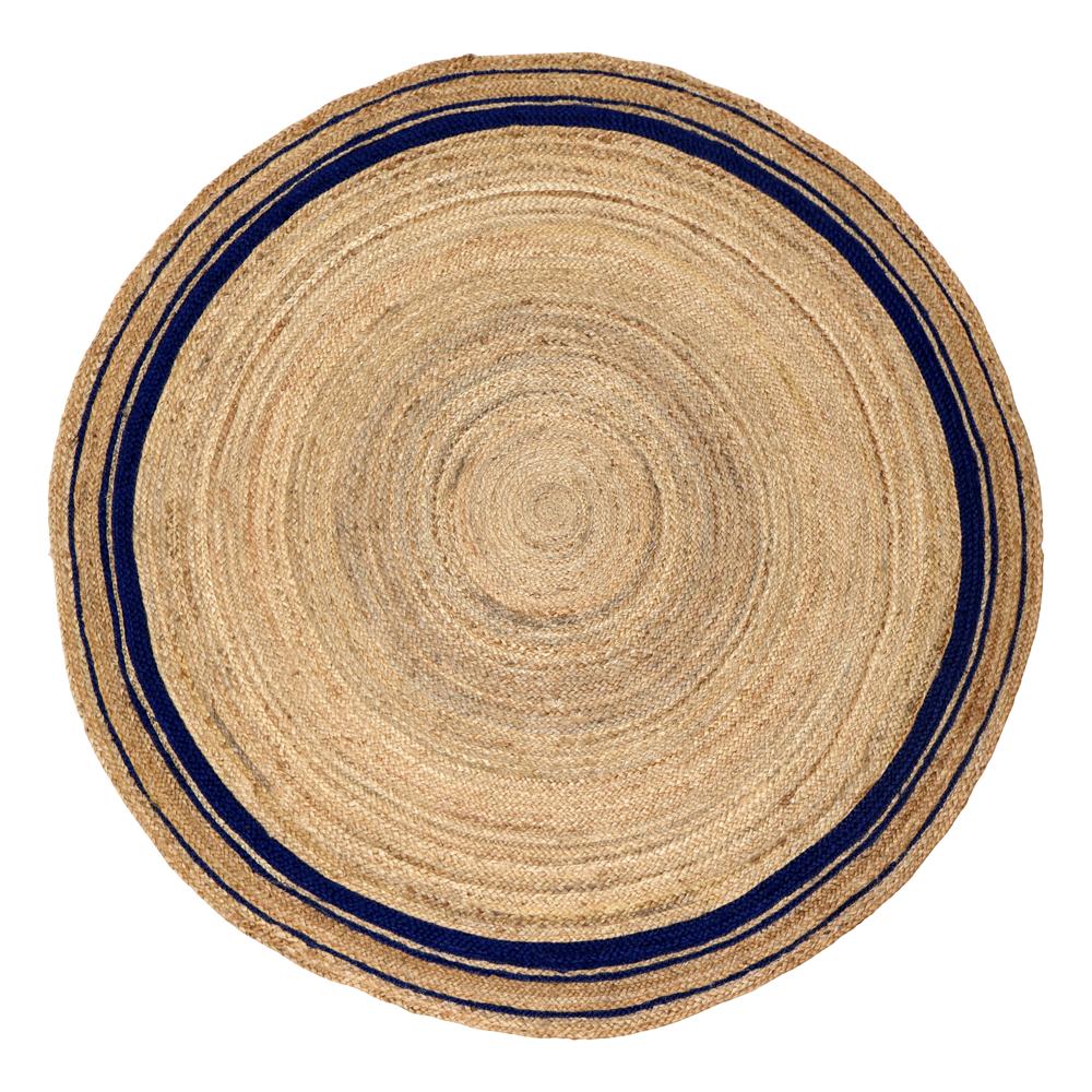 Natural Tan Round Braided Jute Rug with Navy Blue Border Stripes