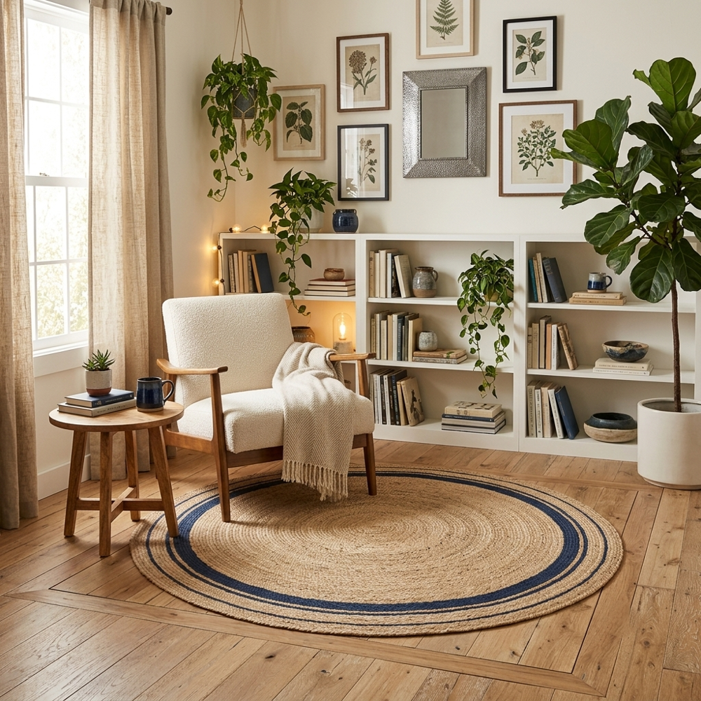 Natural Tan Round Braided Jute Rug with Navy Blue Border Stripes