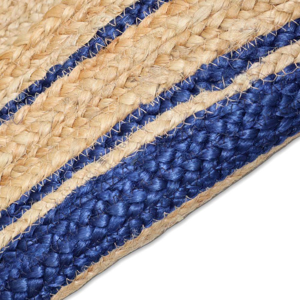 Natural Tan Round Braided Jute Rug with Navy Blue Border Stripes
