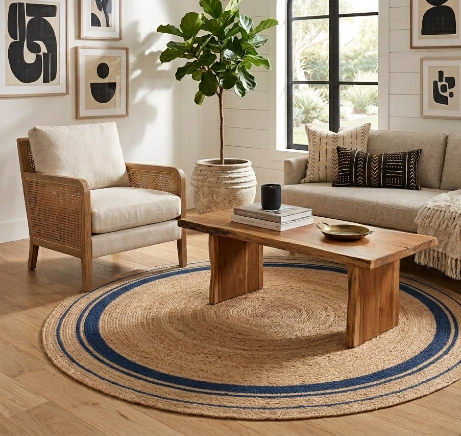 Natural Tan Round Braided Jute Rug with Navy Blue Border Stripes