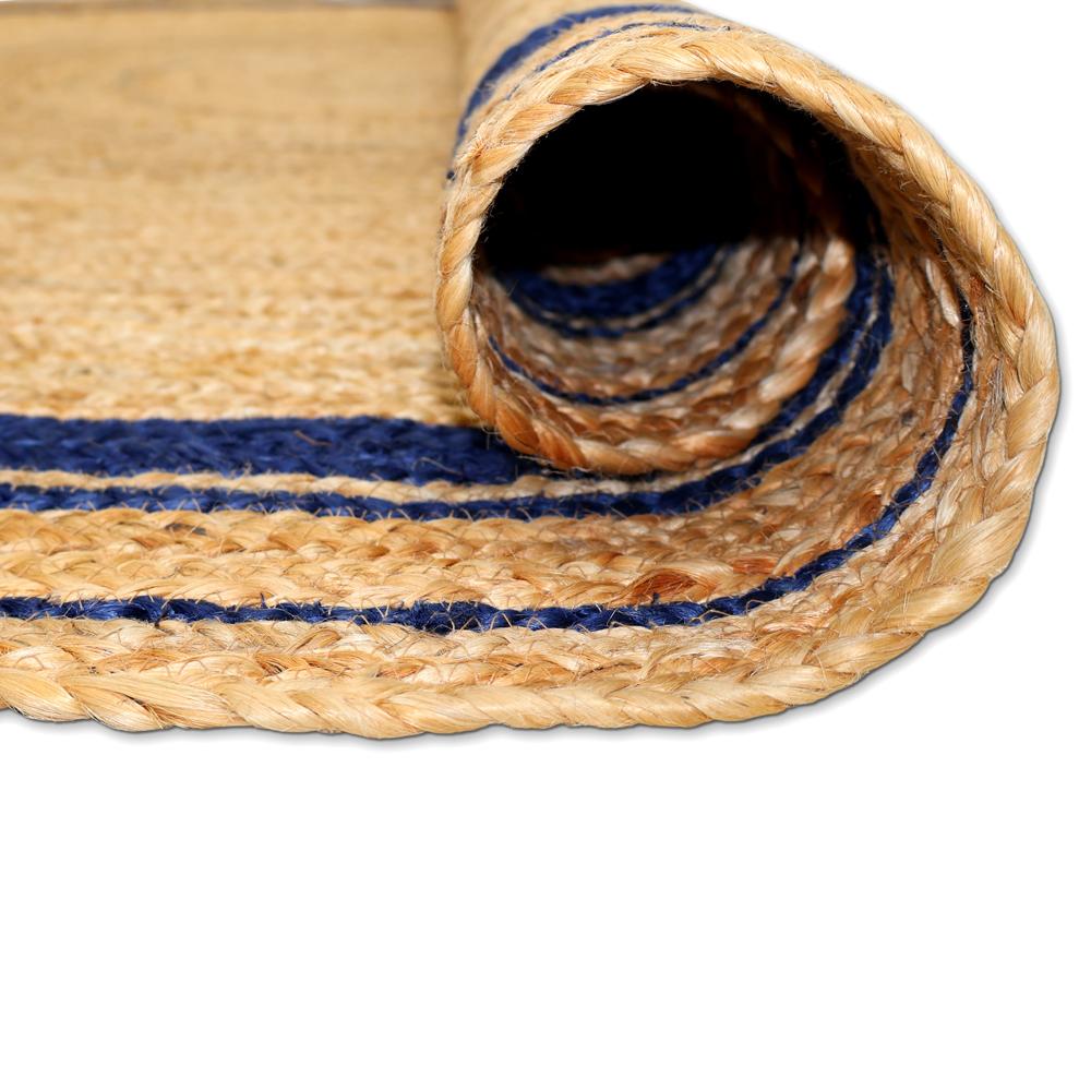 Natural Tan Round Braided Jute Rug with Navy Blue Border Stripes