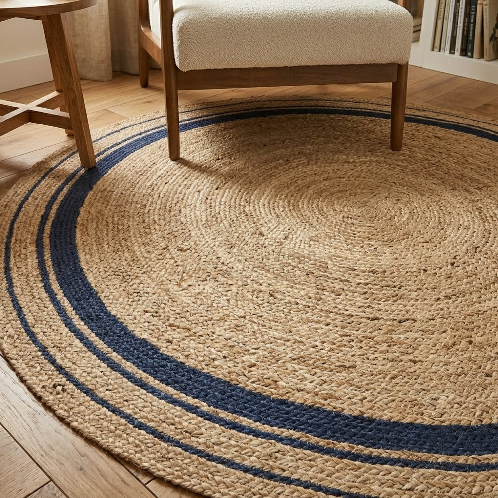 Natural Tan Round Braided Jute Rug with Navy Blue Border Stripes