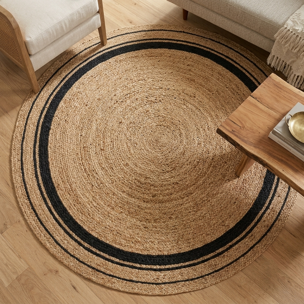 Natural Tan Round Braided Jute Rug with Black Border Stripes