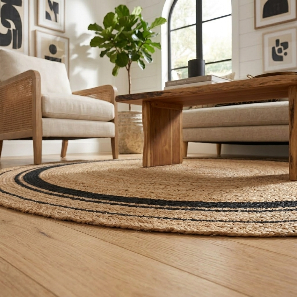 Natural Tan Round Braided Jute Rug with Black Border Stripes