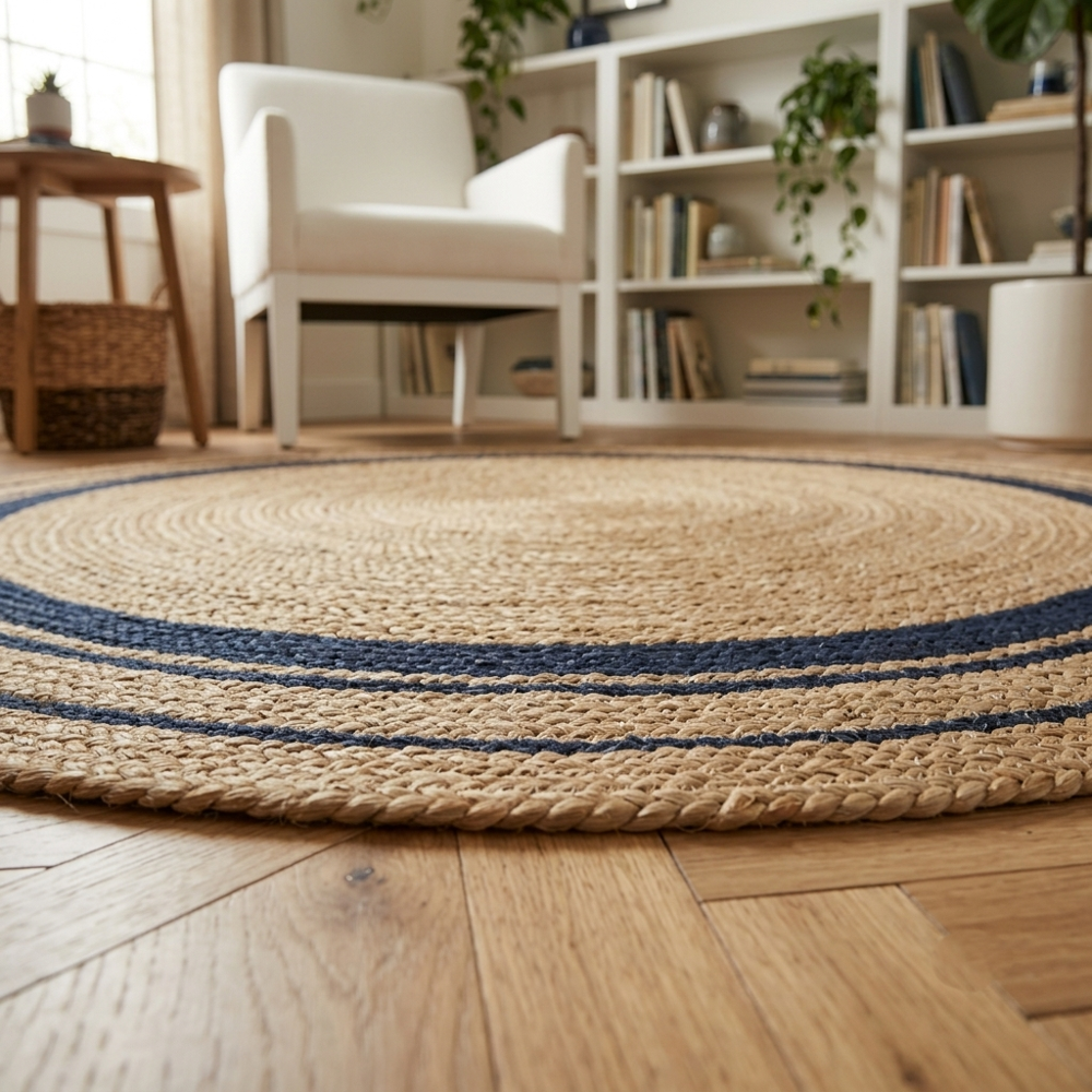Natural Tan Round Braided Jute Rug with Black Border Stripes