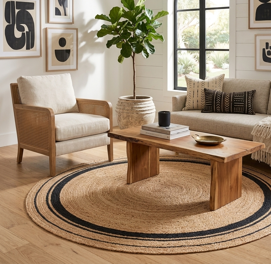Natural Tan Round Braided Jute Rug with Black Border Stripes