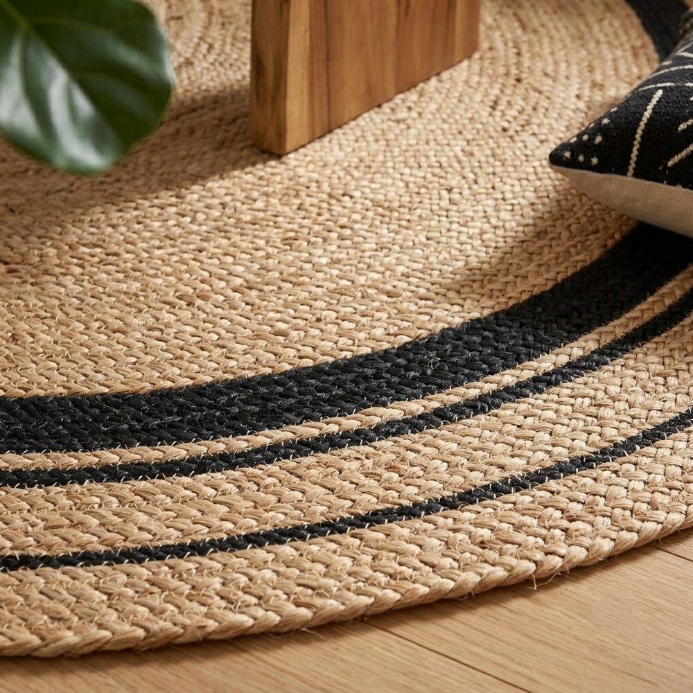 Natural Tan Round Braided Jute Rug with Black Border Stripes