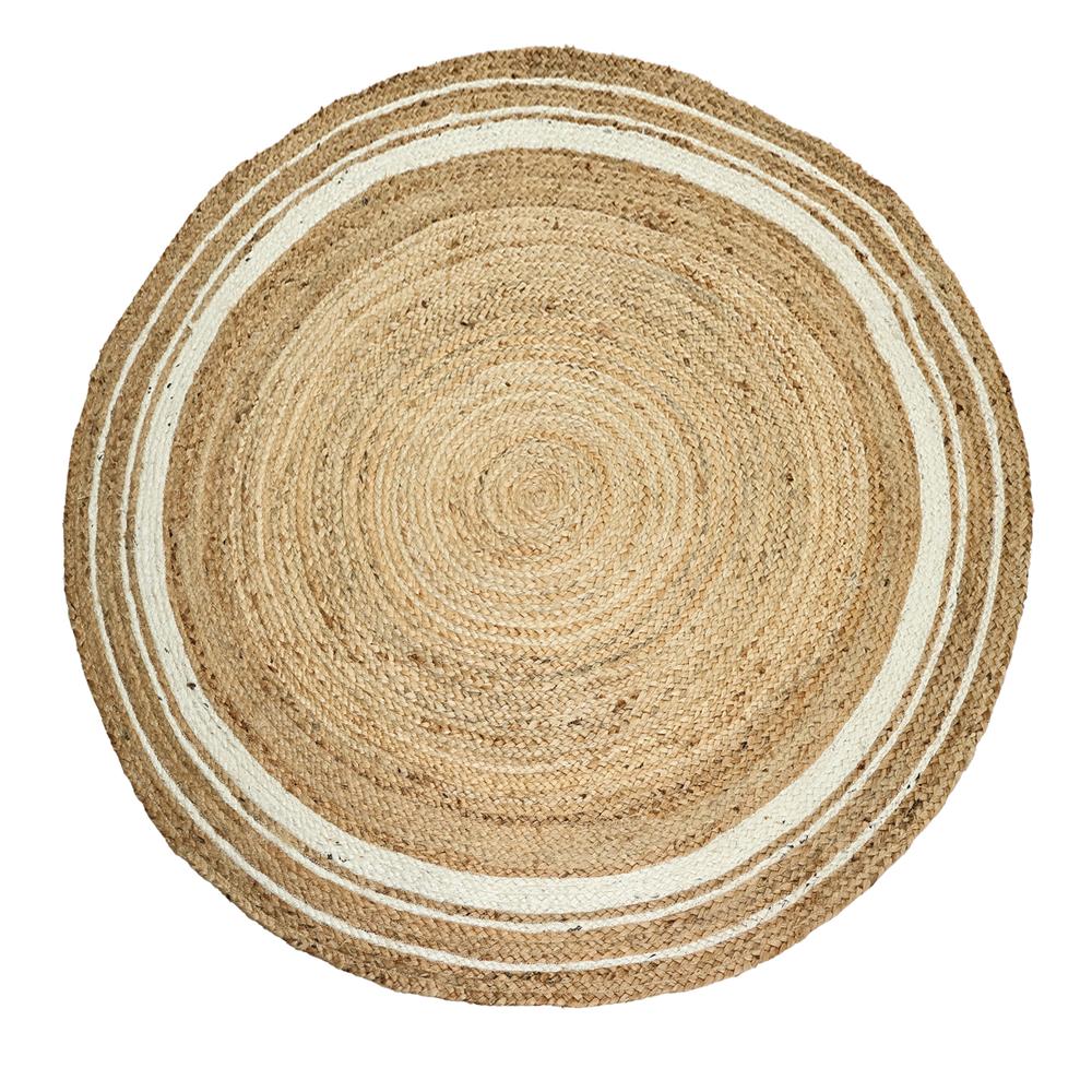 Natural Tan Round Braided Jute Rug with Off-White Border Stripes