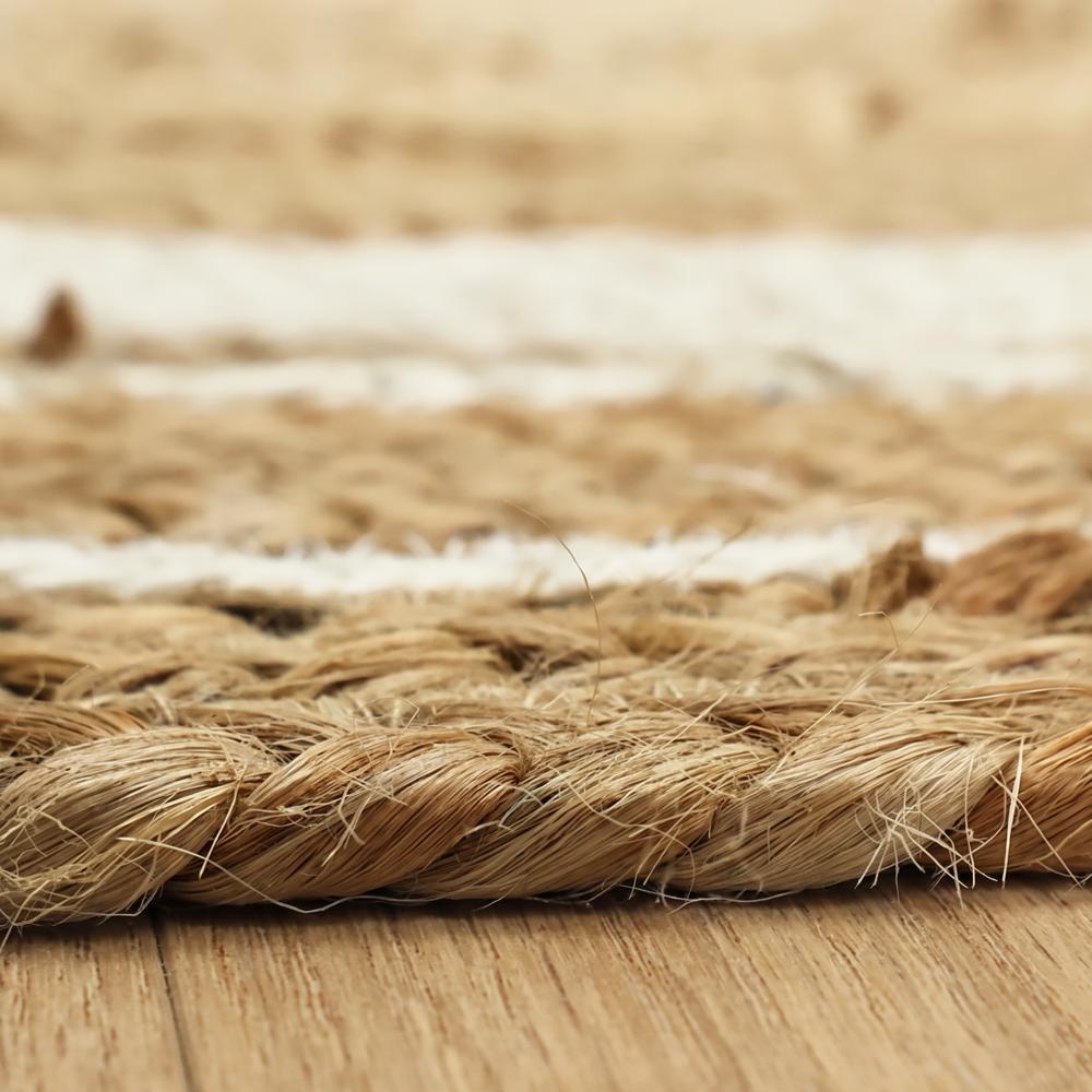 Natural Tan Round Braided Jute Rug with Off-White Border Stripes
