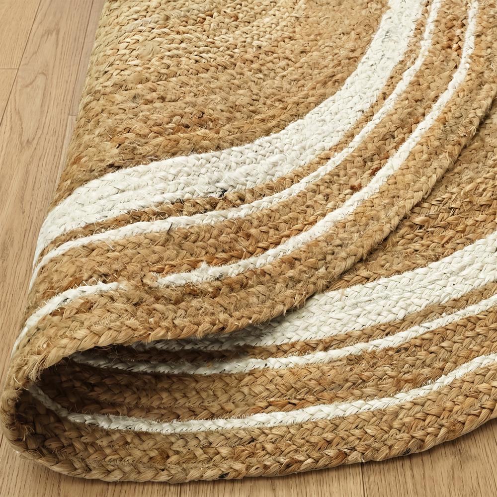 Natural Tan Round Braided Jute Rug with Off-White Border Stripes