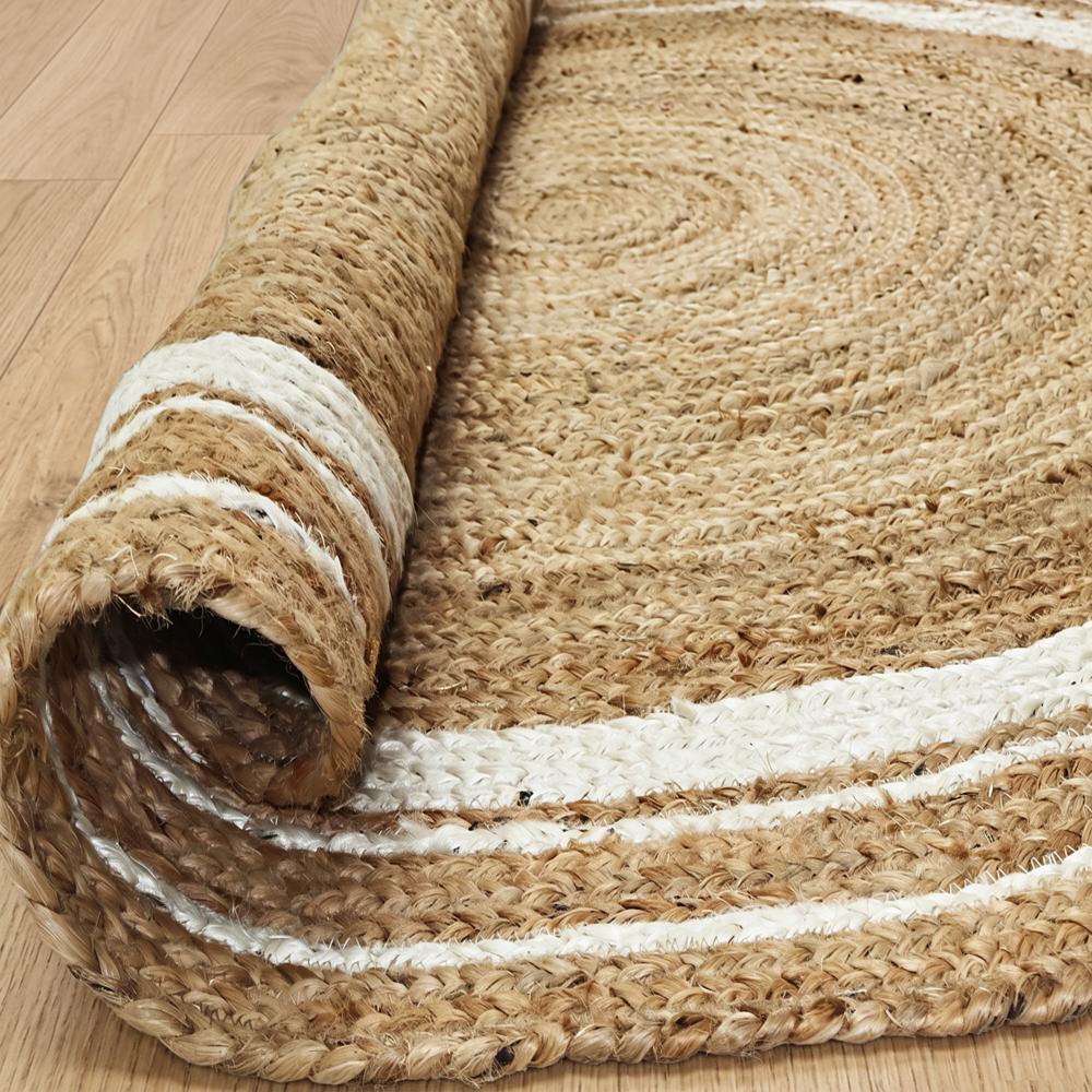 Natural Tan Round Braided Jute Rug with Off-White Border Stripes