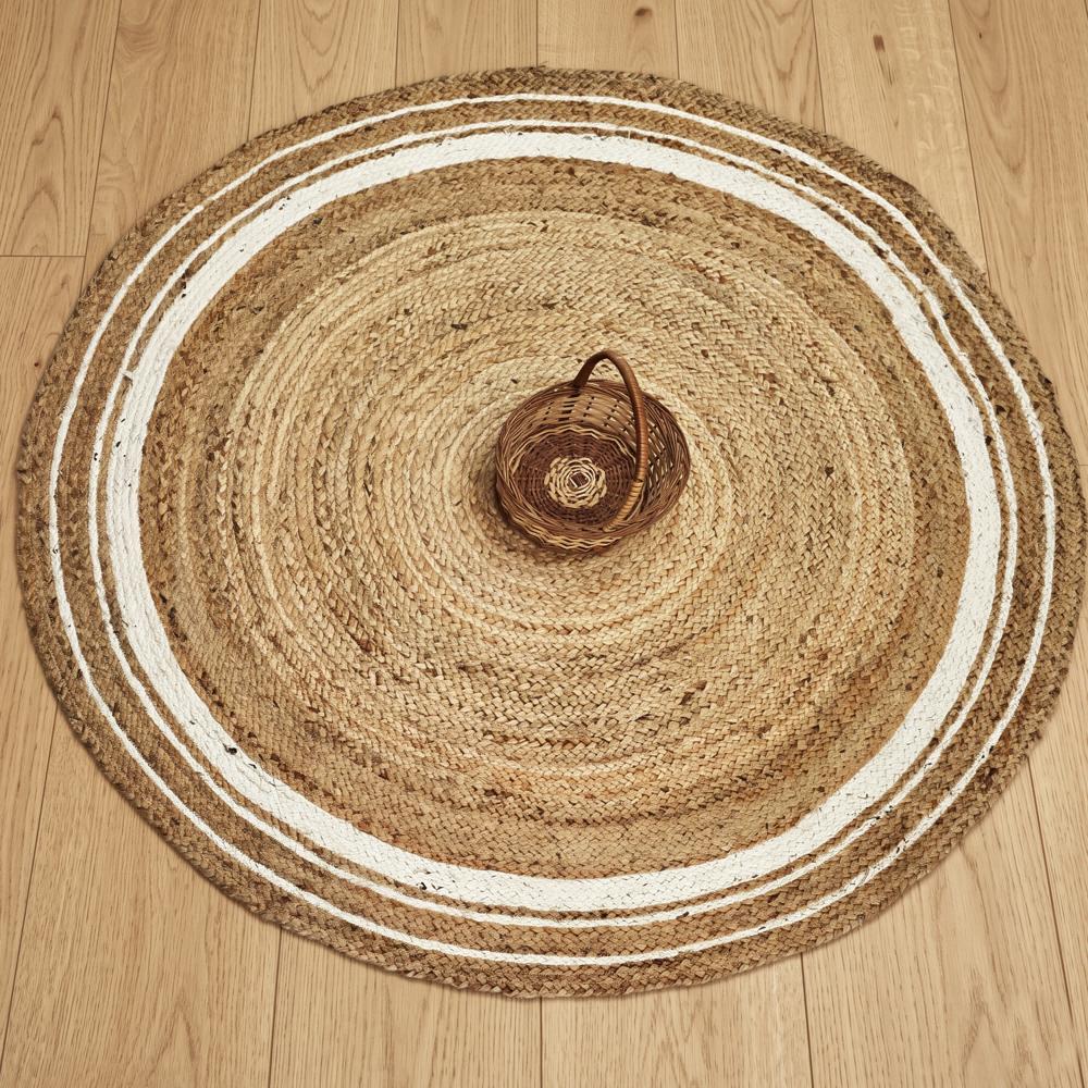 Natural Tan Round Braided Jute Rug with Off-White Border Stripes
