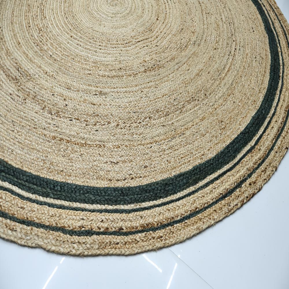 Natural Tan Round Braided Jute Rug with Dark Green Border Stripes
