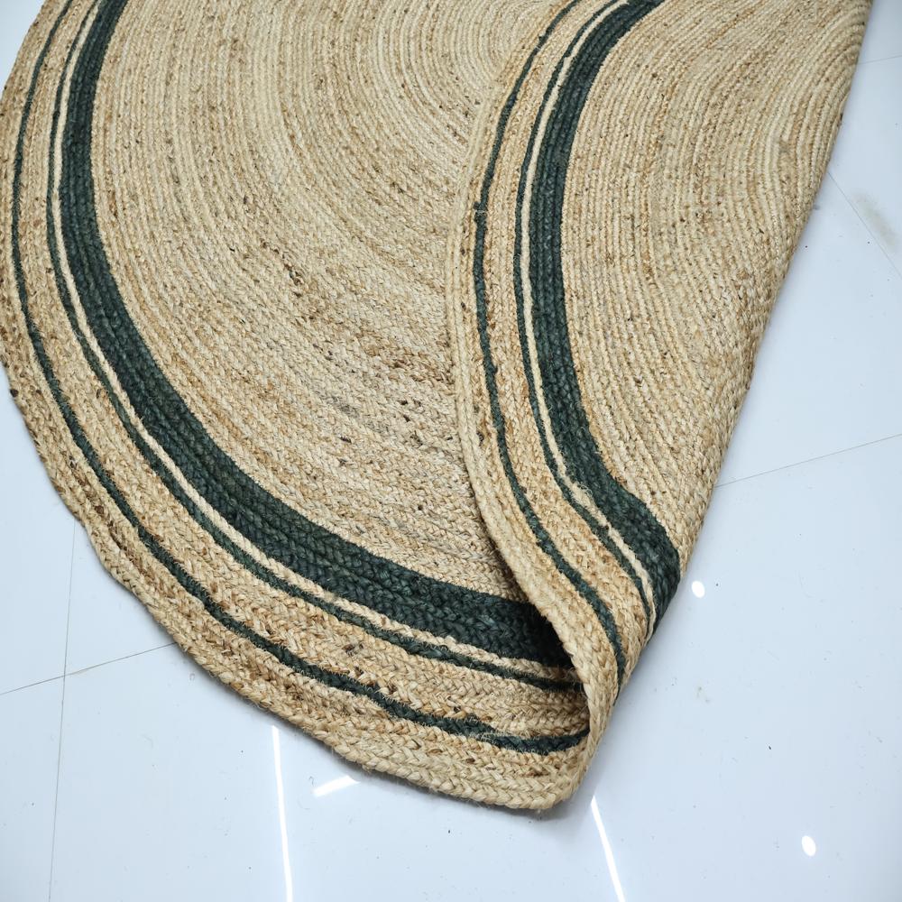 Natural Tan Round Braided Jute Rug with Dark Green Border Stripes