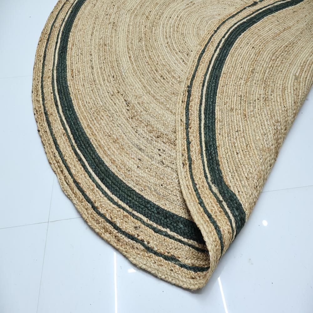 Natural Tan Round Braided Jute Rug with Dark Green Border Stripes