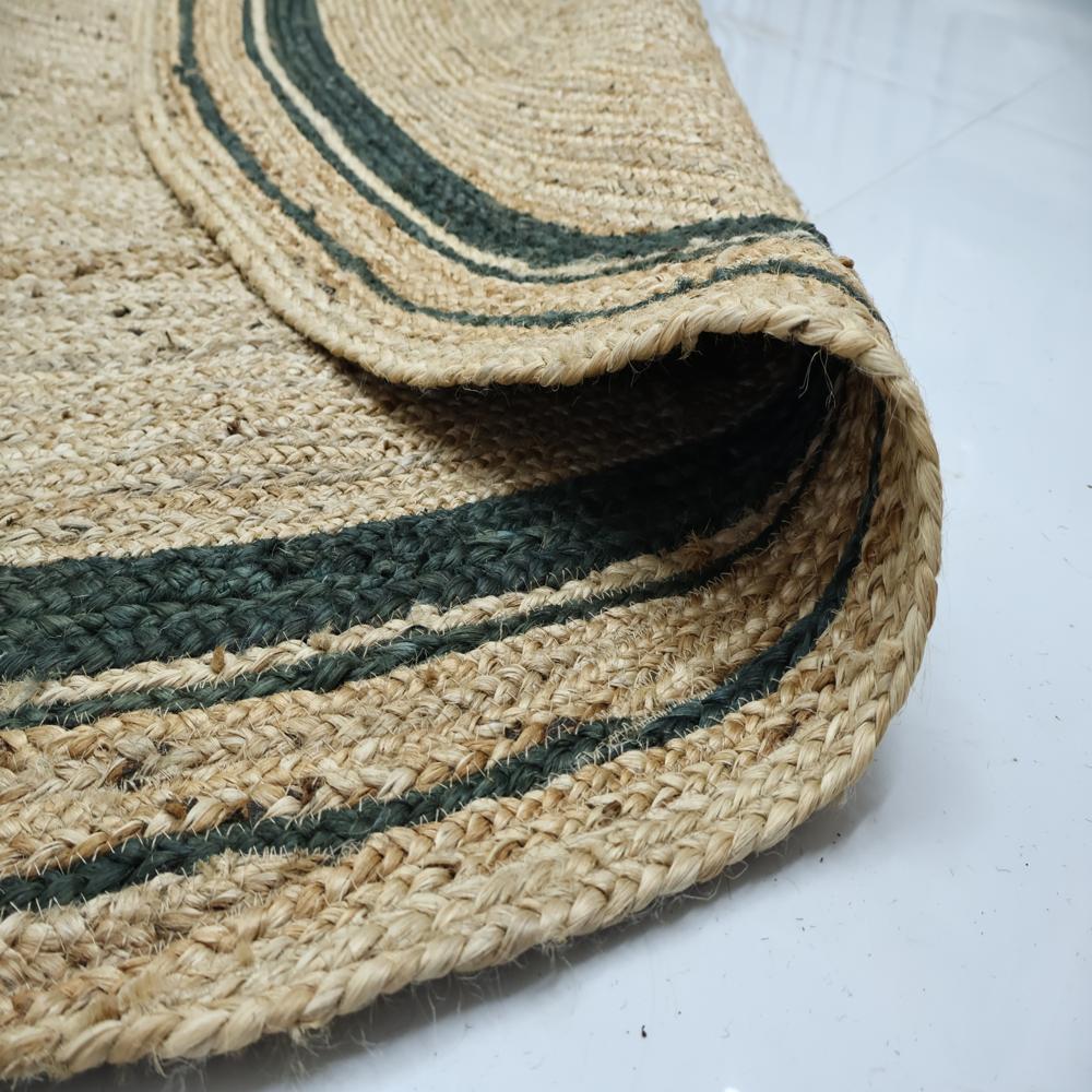 Natural Tan Round Braided Jute Rug with Dark Green Border Stripes